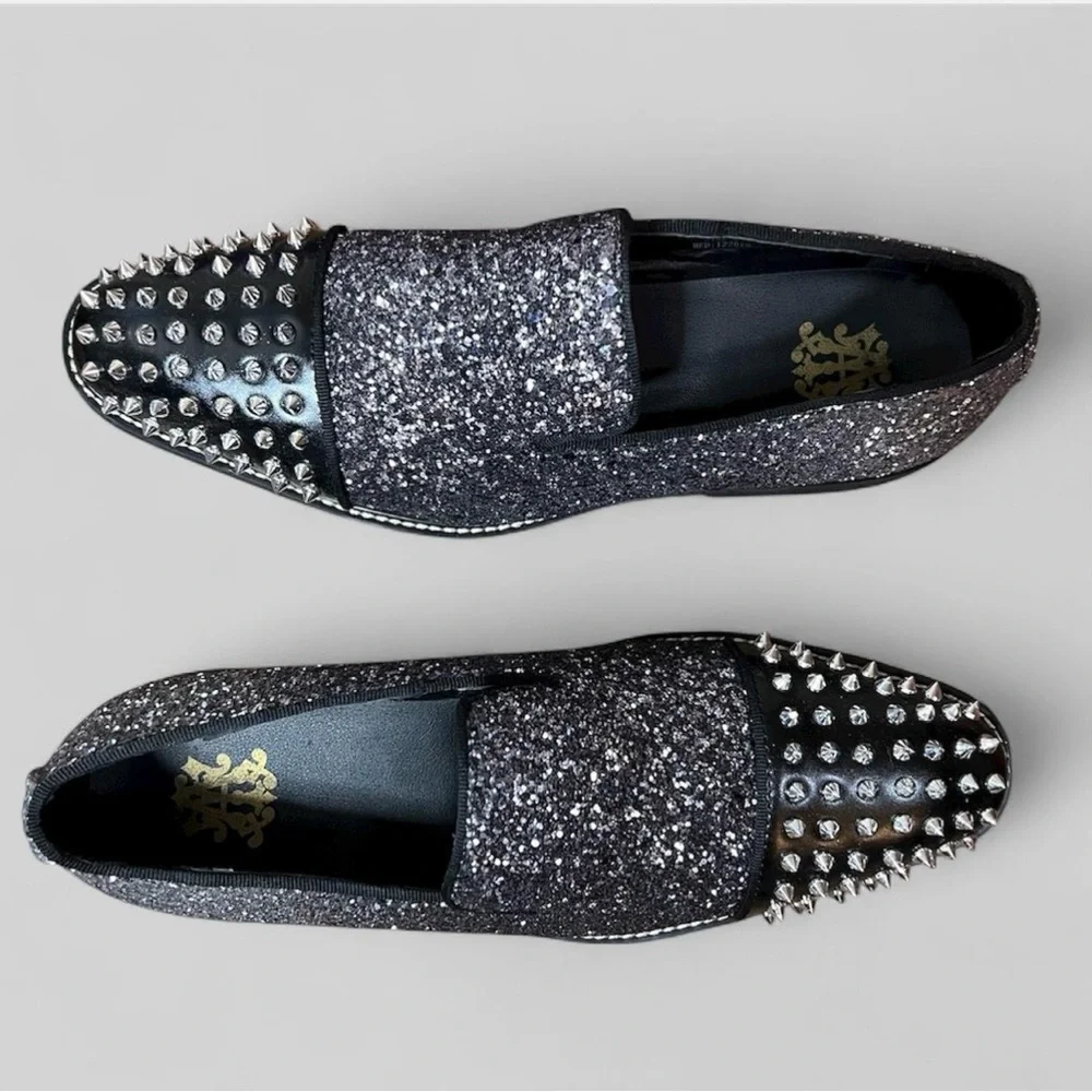 Men's Black Glitter & Studded Slip-On Loafers
